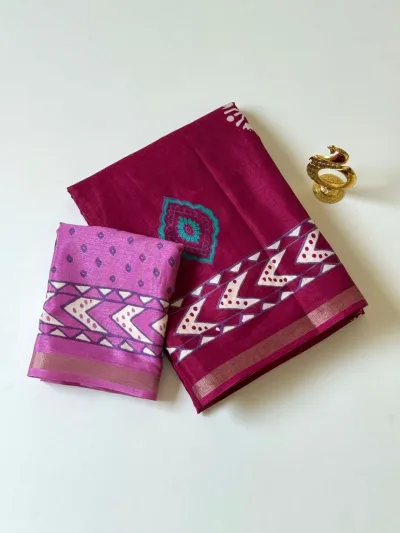 Mul Cotton Saree - Rani Pink with Peach Orange Contrast